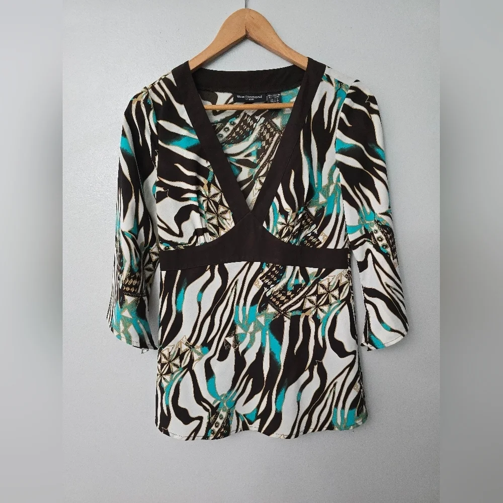 Vtg Y2K Babydoll Top 3/4 Spilt Sleeve Women Size Small Retro Blue Diamond